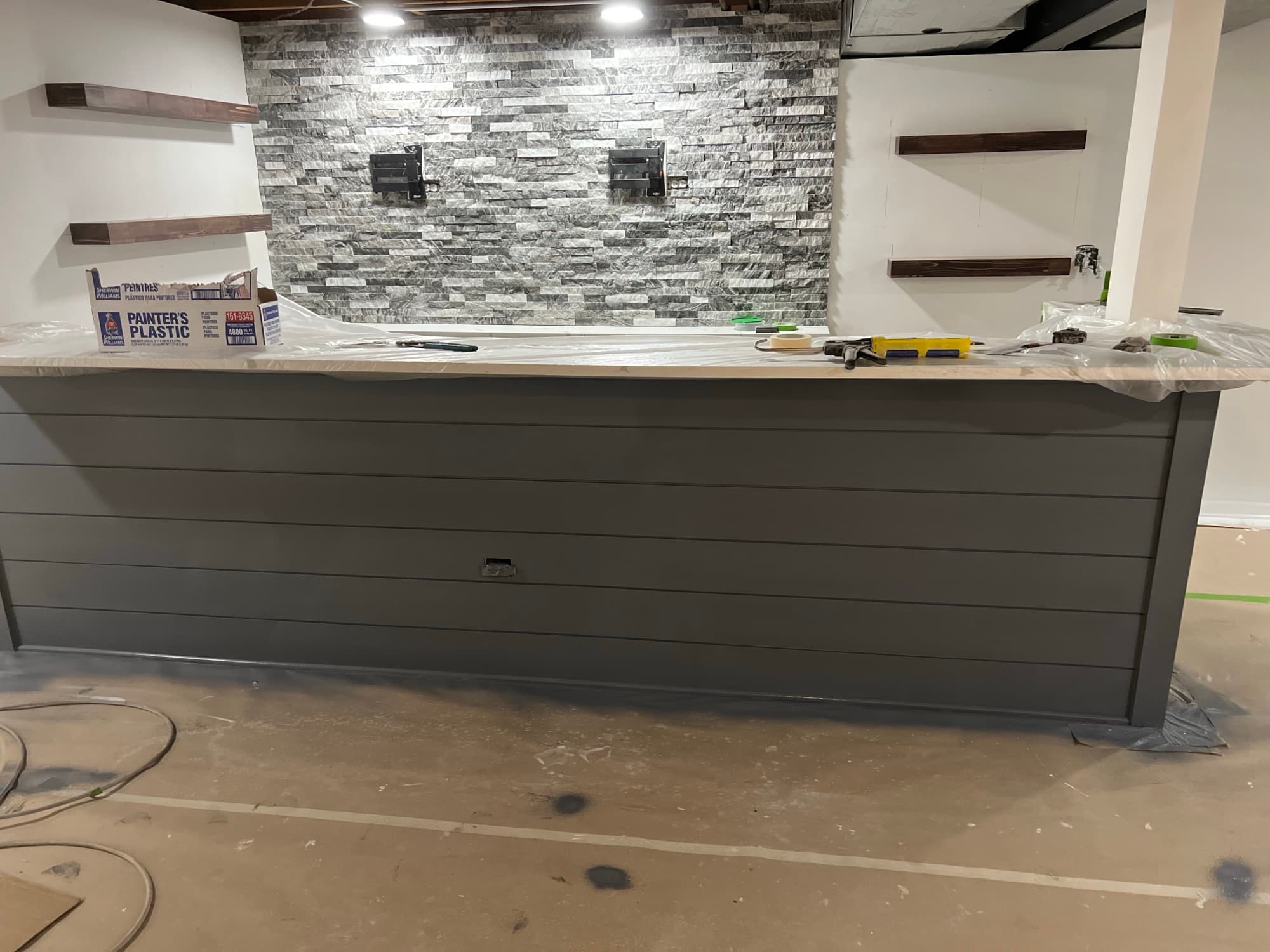 Gray shiplap wet bar finished